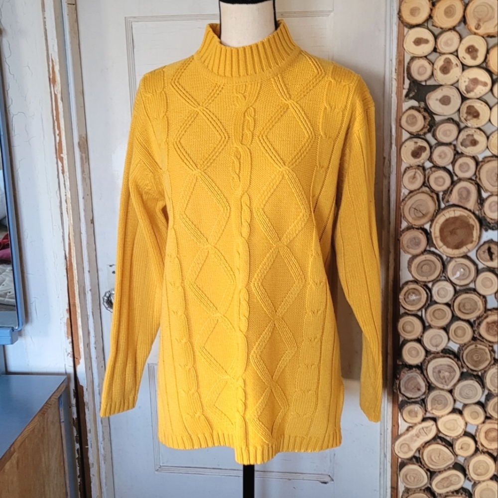 Specialty Collection Authentic Classics Yellow Mock Neck Cable Knit Sweater Sz L